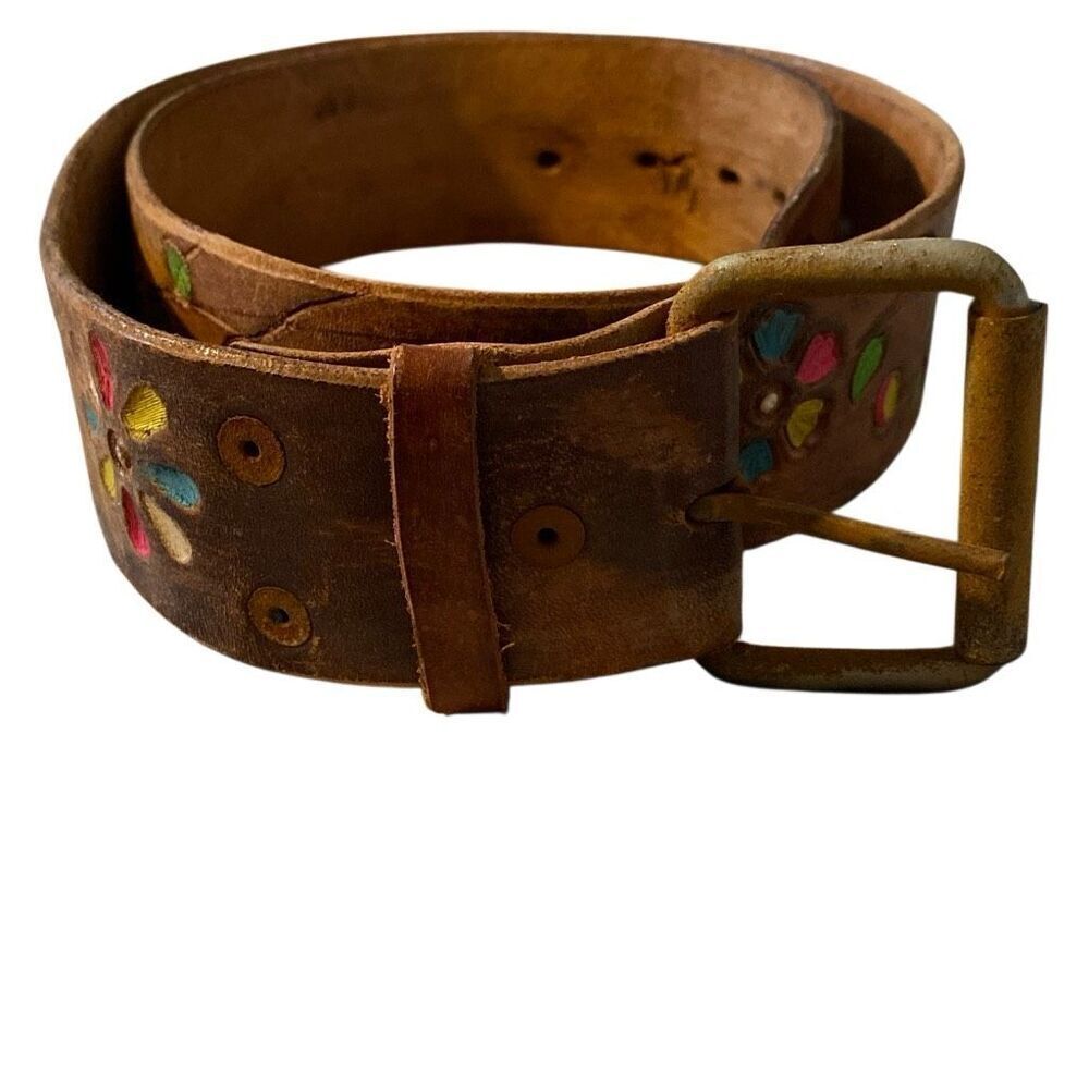 Vtg 70s 60s Hand Tooled Hippie Leather Boho Belt Butterflies Flowers Size 34